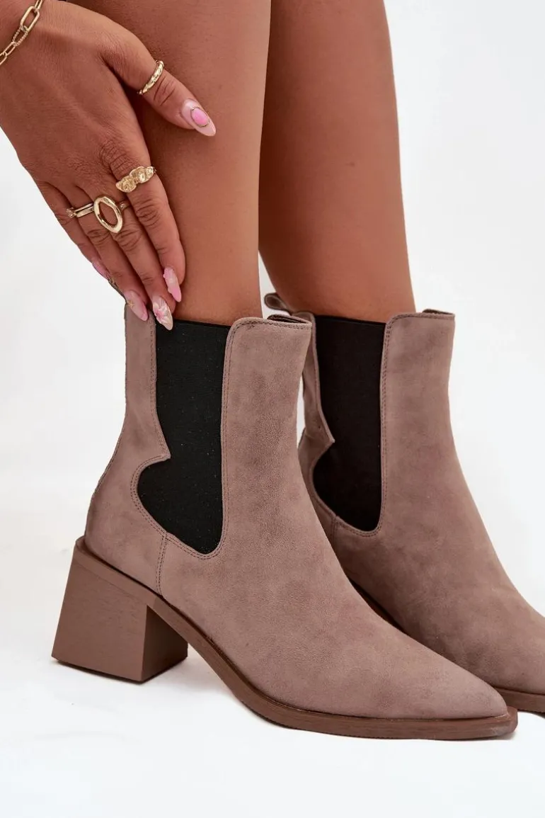 Skórzane Zamszowe Botki Damskie Na Słupku Ocieplane Artiker 57C0045 Beżowe