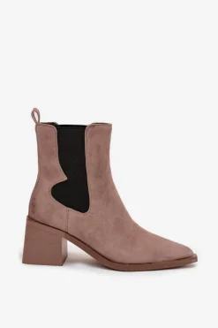 Skórzane Zamszowe Botki Damskie Na Słupku Ocieplane Artiker 57C0045 Beżowe