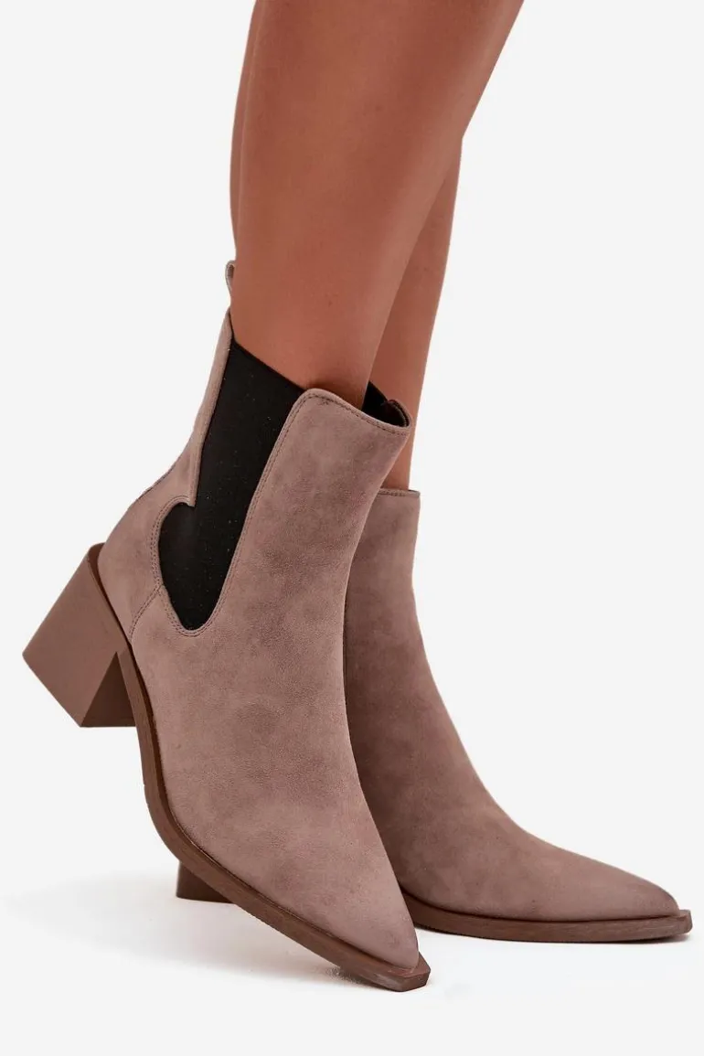 Skórzane Zamszowe Botki Damskie Na Słupku Ocieplane Artiker 57C0045 Beżowe