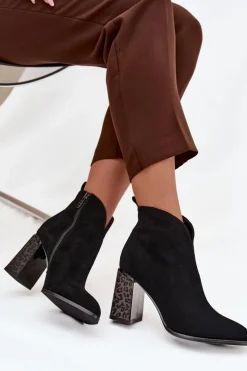 Skórzane Zamszowe Botki Damskie Na Słupku Ocieplane Czarne Zivella