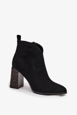 Skórzane Zamszowe Botki Damskie Na Słupku Ocieplane Czarne Zivella