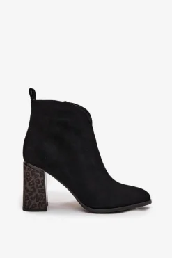 Skórzane Zamszowe Botki Damskie Na Słupku Ocieplane Czarne Zivella