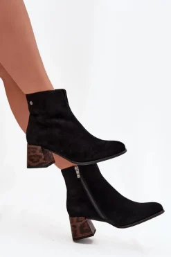 Skórzane Zamszowe Botki Damskie Na Słupku Maciejka K7202-01 Czarne