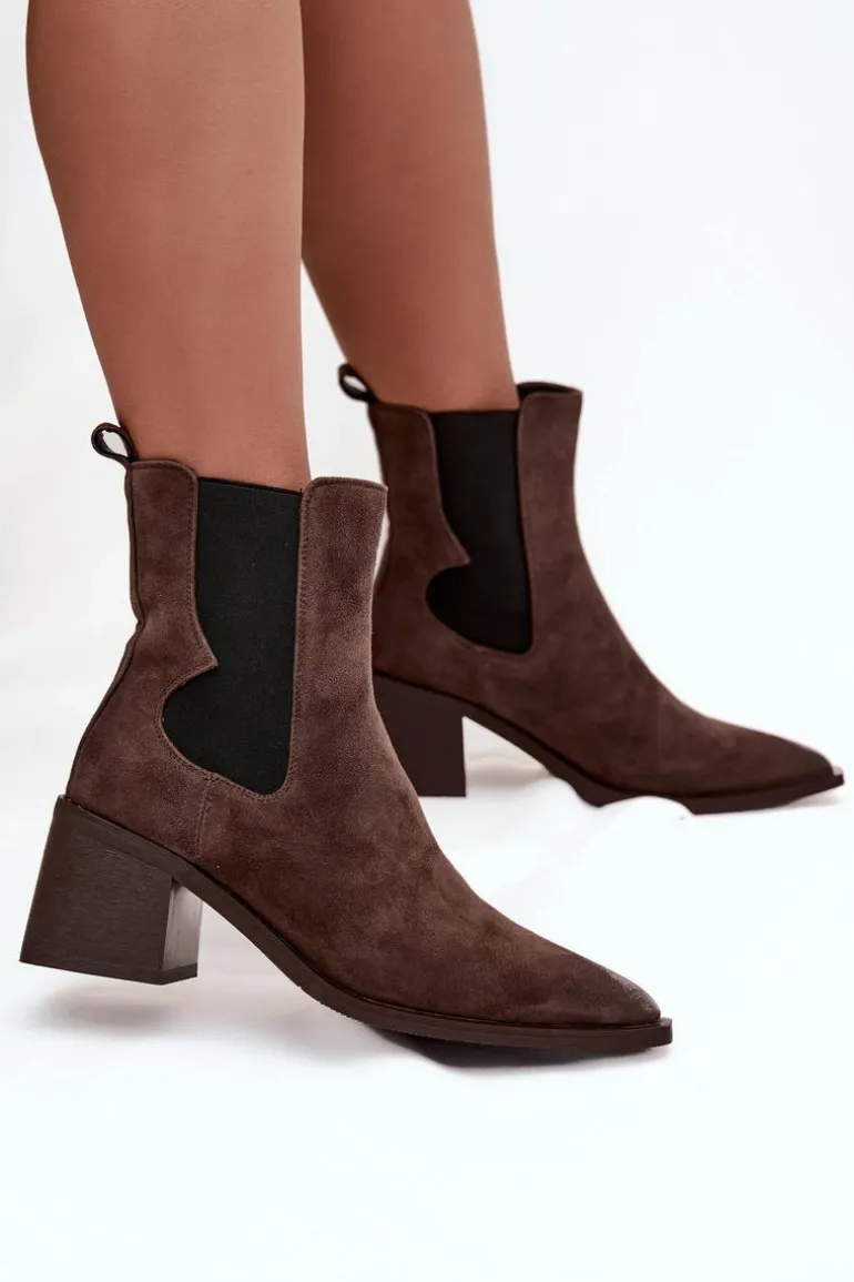 Skórzane Zamszowe Botki Damskie Na Słupku Ocieplane Artiker 57C0047 Brązowe