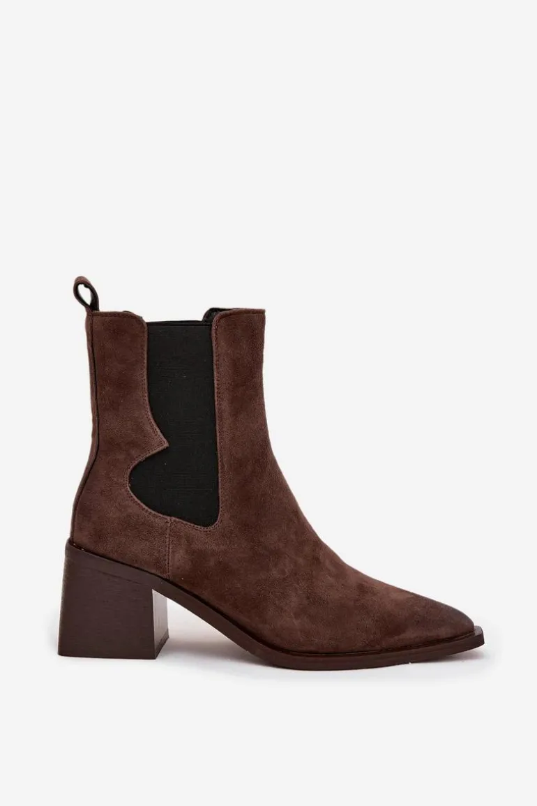 Skórzane Zamszowe Botki Damskie Na Słupku Ocieplane Artiker 57C0047 Brązowe