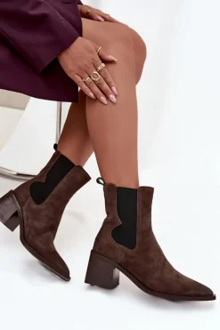 Skórzane Zamszowe Botki Damskie Na Słupku Ocieplane Artiker 57C0047 Brązowe