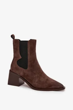 Skórzane Zamszowe Botki Damskie Na Słupku Ocieplane Artiker 57C0047 Brązowe