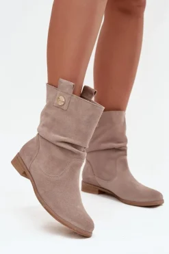 Skórzane Zamszowe Botki Damskie Z Marszczeniem Ocieplane Zazoo 4210 Beżowe