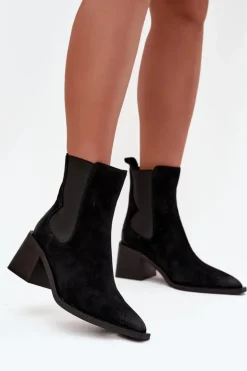 Skórzane Zamszowe Botki Damskie Na Słupku Ocieplane Artiker 57C0049 Czarne