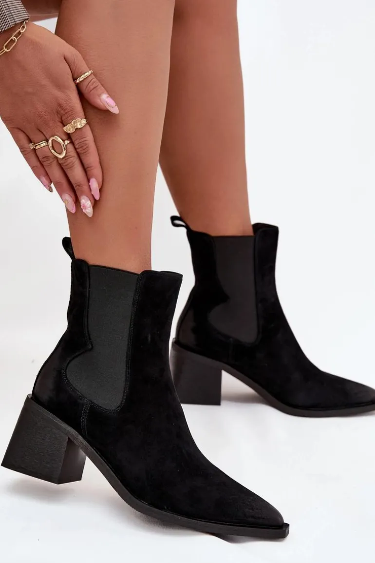 Skórzane Zamszowe Botki Damskie Na Słupku Ocieplane Artiker 57C0049 Czarne