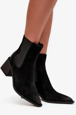 Skórzane Zamszowe Botki Damskie Na Słupku Ocieplane Artiker 57C0049 Czarne