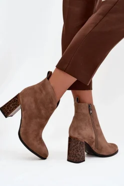 Skórzane Zamszowe Botki Damskie Na Słupku Ocieplane Beżowe Zivella