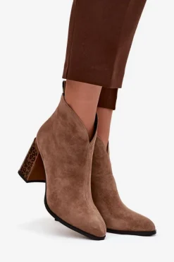 Skórzane Zamszowe Botki Damskie Na Słupku Ocieplane Beżowe Zivella