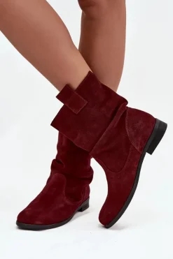 Skórzane Zamszowe Botki Damskie Z Marszczeniem Ocieplane Zazoo 4210 Bordowe