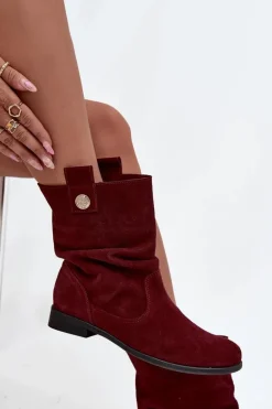 Skórzane Zamszowe Botki Damskie Z Marszczeniem Ocieplane Zazoo 4210 Bordowe