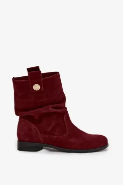 Skórzane Zamszowe Botki Damskie Z Marszczeniem Ocieplane Zazoo 4210 Bordowe