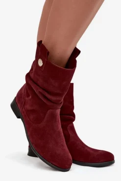 Skórzane Zamszowe Botki Damskie Z Marszczeniem Ocieplane Zazoo 4210 Bordowe