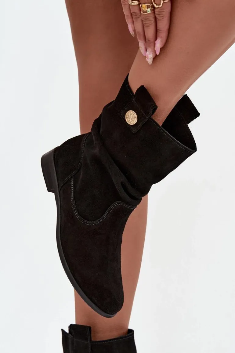 Skórzane Zamszowe Botki Damskie Z Marszczeniem Ocieplane Zazoo 4210 Czarne