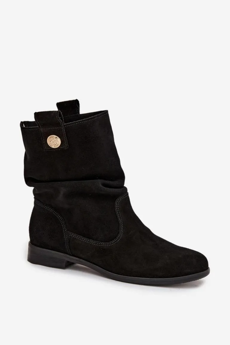 Skórzane Zamszowe Botki Damskie Z Marszczeniem Ocieplane Zazoo 4210 Czarne