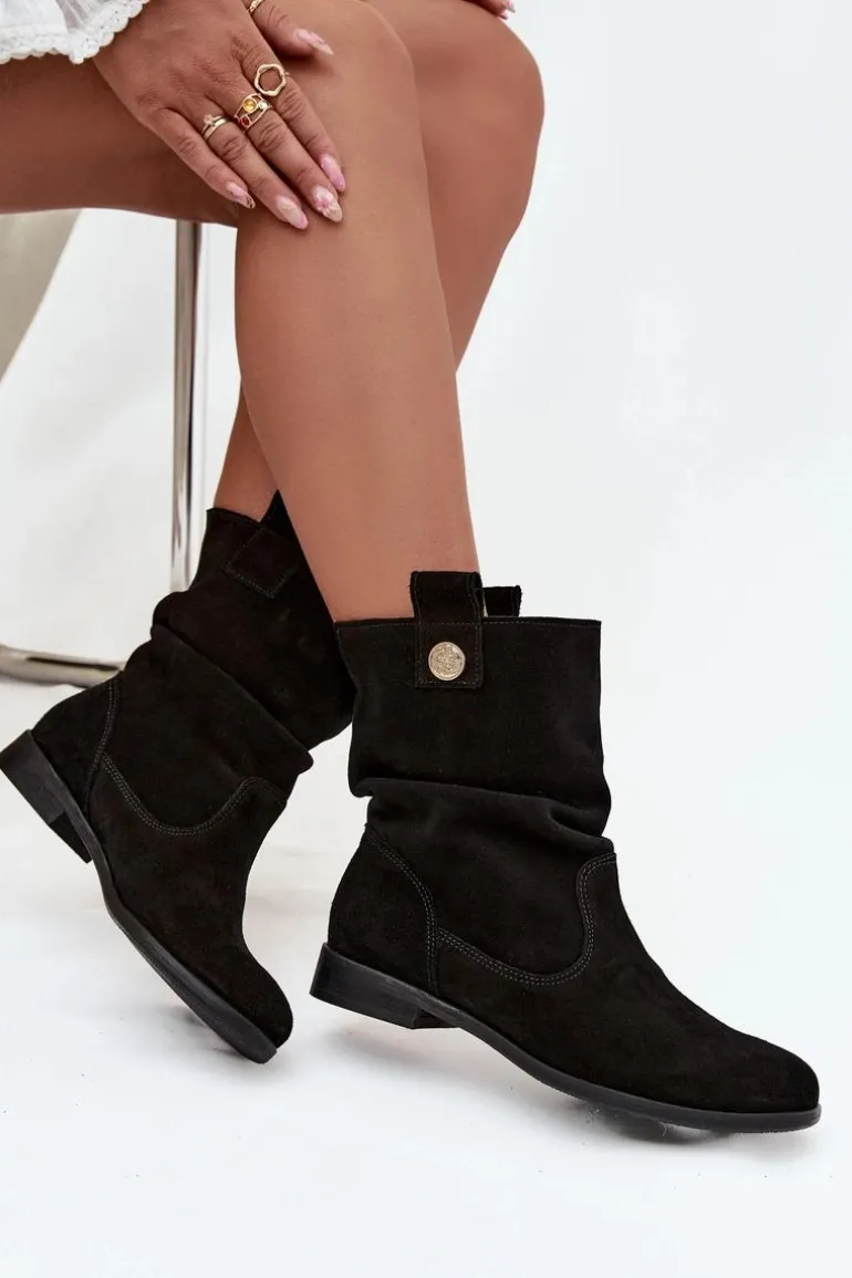 Skórzane Zamszowe Botki Damskie Z Marszczeniem Ocieplane Zazoo 4210 Czarne