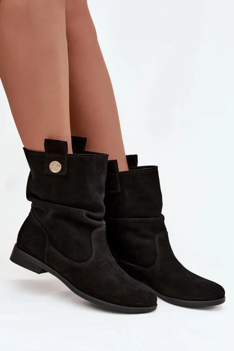 Skórzane Zamszowe Botki Damskie Z Marszczeniem Ocieplane Zazoo 4210 Czarne