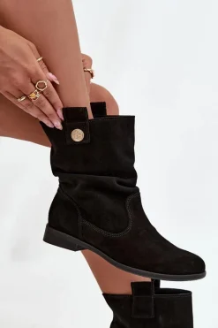 Skórzane Zamszowe Botki Damskie Z Marszczeniem Ocieplane Zazoo 4210 Czarne