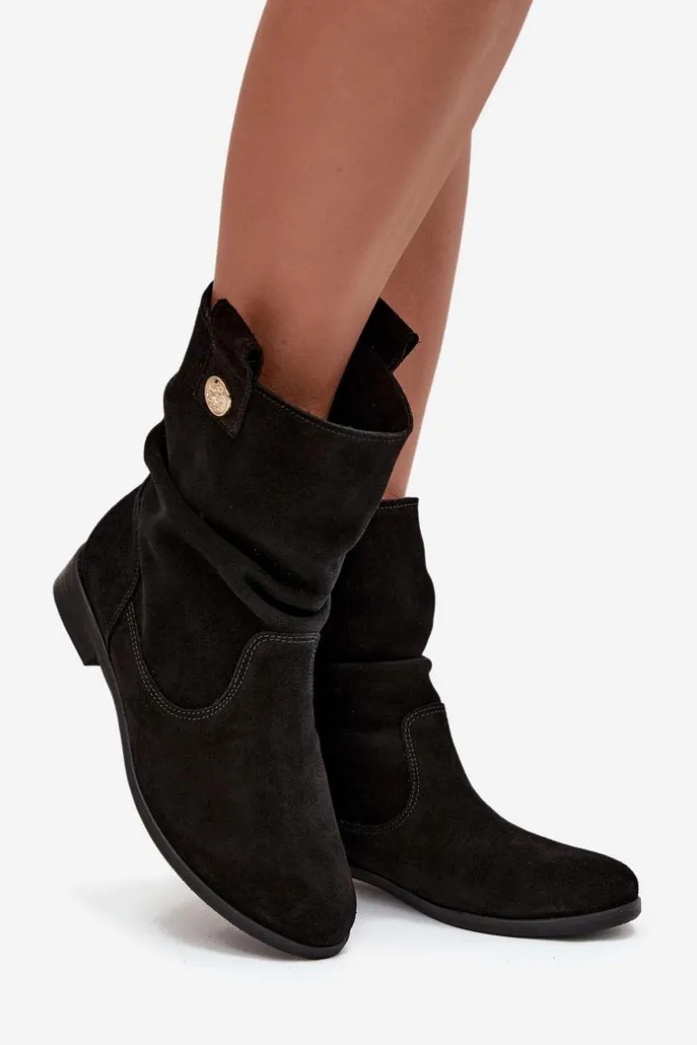 Skórzane Zamszowe Botki Damskie Z Marszczeniem Ocieplane Zazoo 4210 Czarne