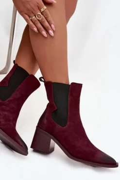 Skórzane Zamszowe Botki Damskie Na Słupku Ocieplane Artiker 57C0048 Bordowe