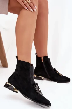 Skórzane Zamszowe Botki Damskie Na Niskim Obcasie Z Ozdobą D&A MR52-217 Czarne