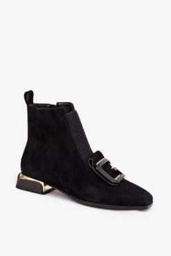 Skórzane Zamszowe Botki Damskie Na Niskim Obcasie Z Ozdobą D&A MR52-217 Czarne