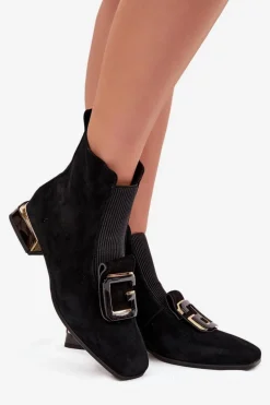 Skórzane Zamszowe Botki Damskie Na Niskim Obcasie Z Ozdobą D&A MR52-217 Czarne