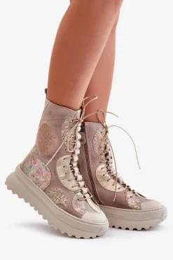 Skórzane Zamszowe Botki Na Platformie Ocieplane Maciejka 06565-04 Beżowe