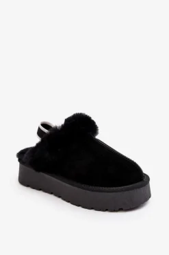 Skórzane Zamszowe Kapcie Damskie Na Platformie Z Futerkiem Czarne Sophienne