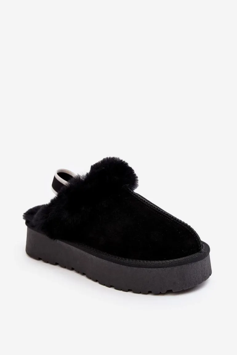 Skórzane Zamszowe Kapcie Damskie Na Platformie Z Futerkiem Czarne Sophienne