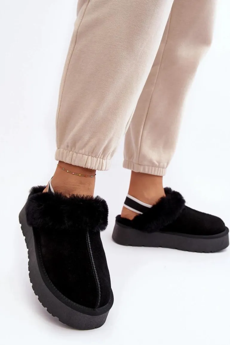 Skórzane Zamszowe Kapcie Damskie Na Platformie Z Futerkiem Czarne Sophienne