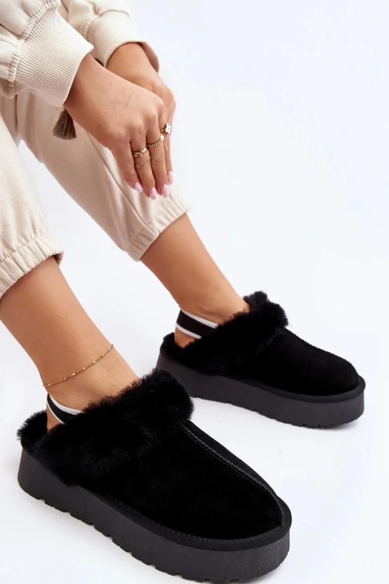 Skórzane Zamszowe Kapcie Damskie Na Platformie Z Futerkiem Czarne Sophienne