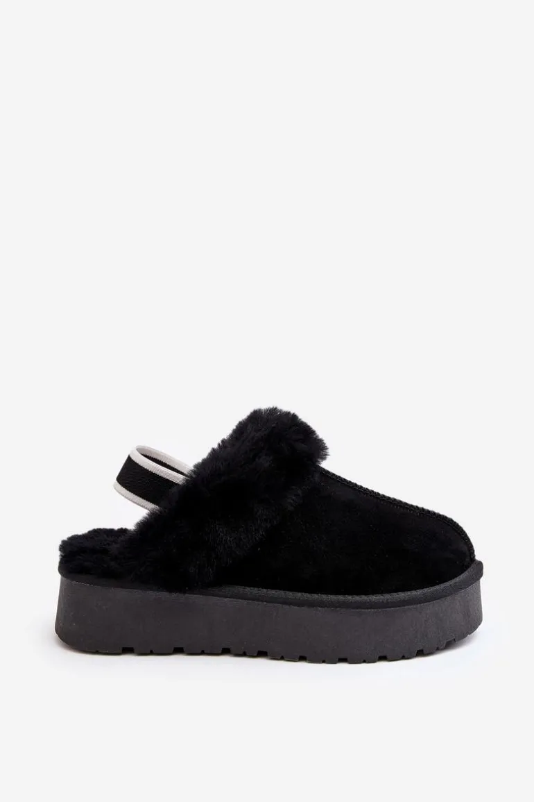Skórzane Zamszowe Kapcie Damskie Na Platformie Z Futerkiem Czarne Sophienne