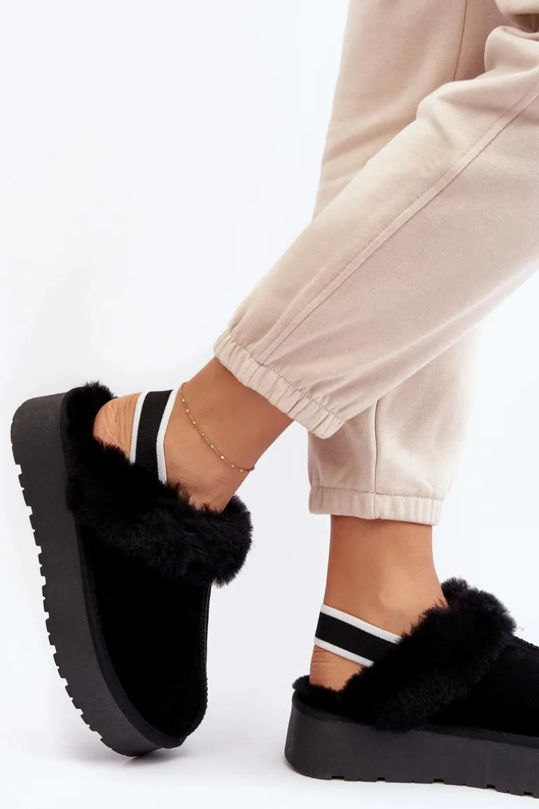 Skórzane Zamszowe Kapcie Damskie Na Platformie Z Futerkiem Czarne Sophienne