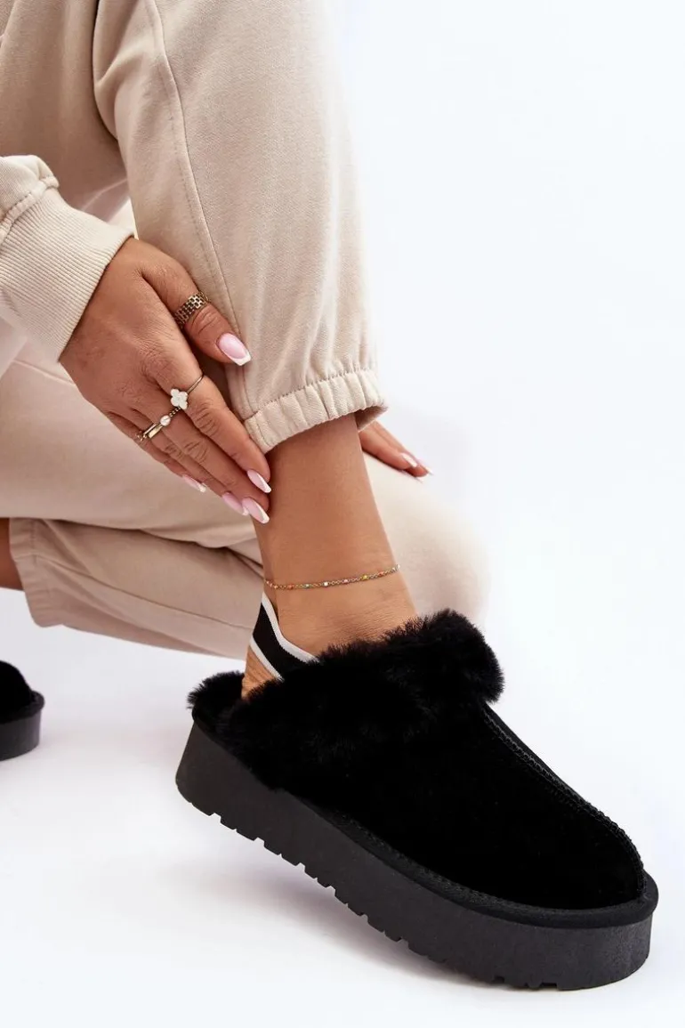Skórzane Zamszowe Kapcie Damskie Na Platformie Z Futerkiem Czarne Sophienne