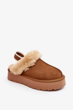 Skórzane Zamszowe Kapcie Damskie Na Platformie Z Futerkiem Camel Sophienne