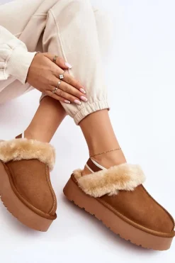 Skórzane Zamszowe Kapcie Damskie Na Platformie Z Futerkiem Camel Sophienne