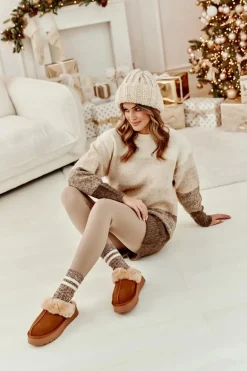 Skórzane Zamszowe Kapcie Damskie Na Platformie Z Futerkiem Camel Sophienne