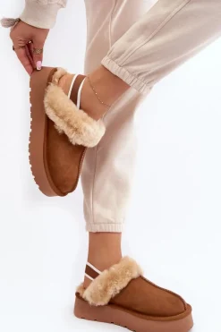 Skórzane Zamszowe Kapcie Damskie Na Platformie Z Futerkiem Camel Sophienne