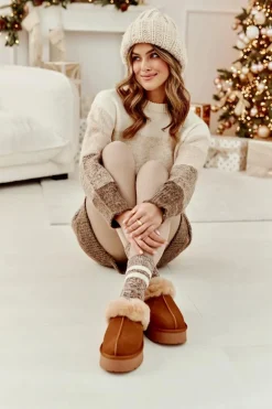 Skórzane Zamszowe Kapcie Damskie Na Platformie Z Futerkiem Camel Sophienne