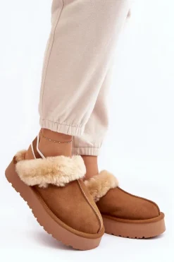 Skórzane Zamszowe Kapcie Damskie Na Platformie Z Futerkiem Camel Sophienne