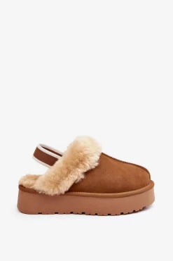 Skórzane Zamszowe Kapcie Damskie Na Platformie Z Futerkiem Camel Sophienne