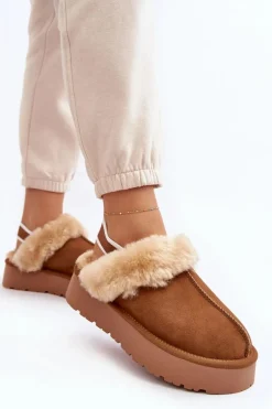 Skórzane Zamszowe Kapcie Damskie Na Platformie Z Futerkiem Camel Sophienne