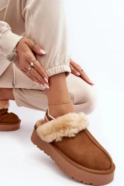 Skórzane Zamszowe Kapcie Damskie Na Platformie Z Futerkiem Camel Sophienne