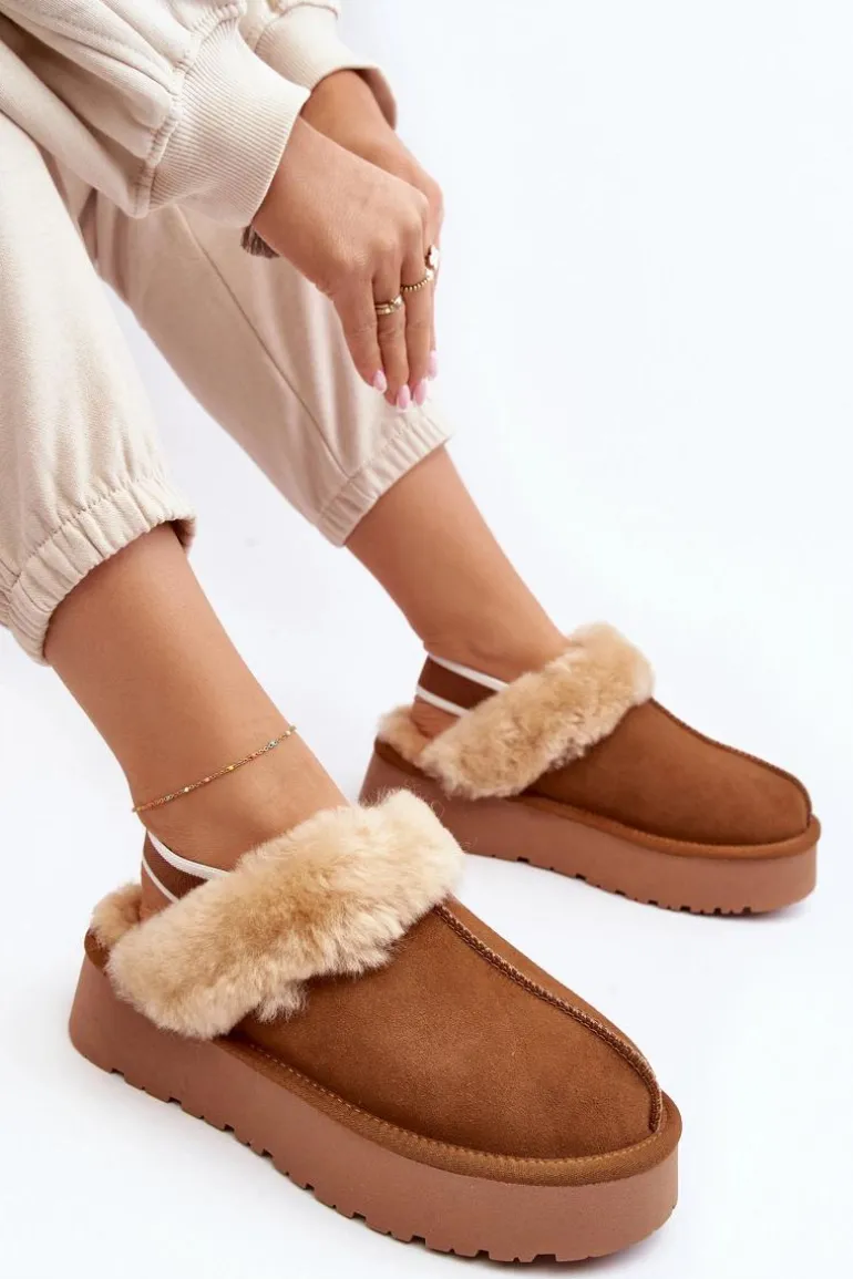 Skórzane Zamszowe Kapcie Damskie Na Platformie Z Futerkiem Camel Sophienne