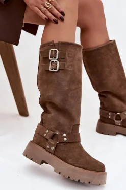 Skórzane Zamszowe Kozaki Damskie Z Klamrami Ocieplane Big Star OO274A182 Beżowe